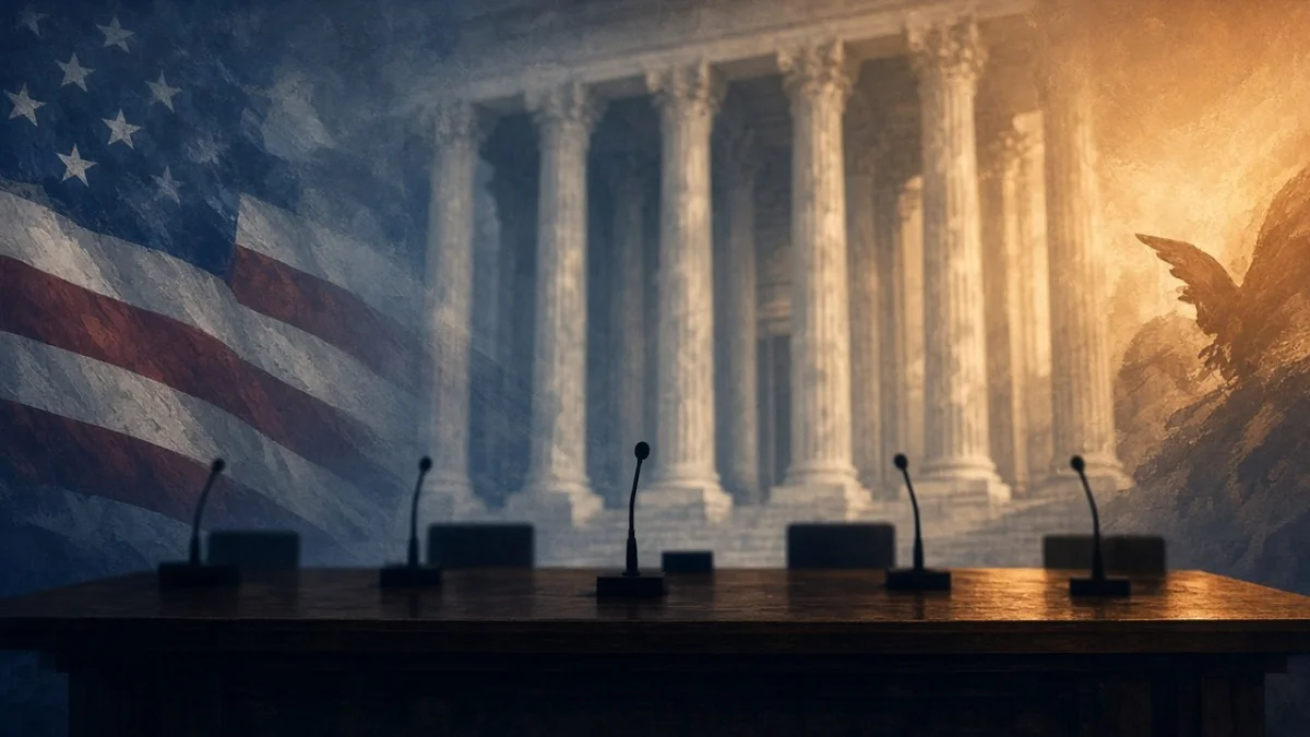 Illustrative congressional hearing motif — not a likeness. Image Desk SQI-014 package.