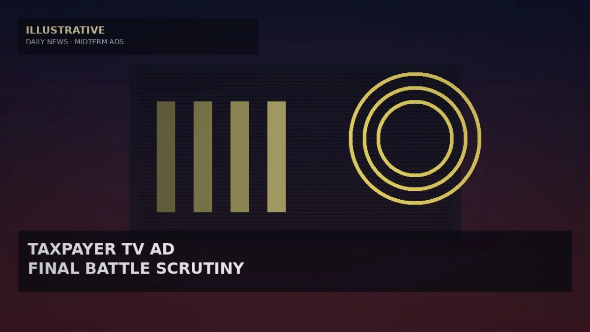 Illustrative TV-frame and ballot-bar geometry for taxpayer-funded midterm ads — not likenesses or campaign stills.