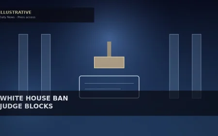 Illustrative gavel and press-pass geometry — not documentary photos or likenesses.