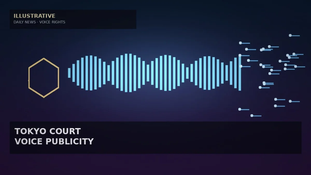 Illustrative audio-waveform bars, rights-shield hexagon, and circuit-node geometry for Tokyo AI voice ruling — not likenesses, logos, or documentary photos.