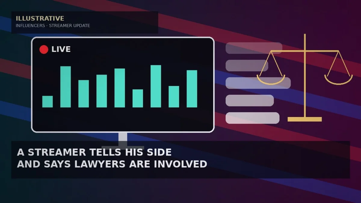 Illustrative teal-to-plum backdrop with diagonal red and blue light bands, a dark livestream monitor showing a red LIVE dot and teal sound bars, faded chat bubbles and a gold balance-scale outline for a streamer legal-dispute story — not a likeness, logo,