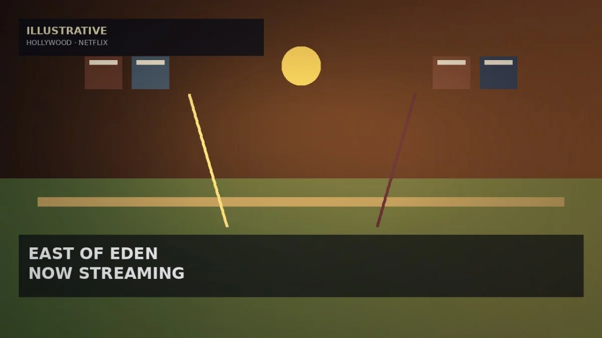 Illustrative valley horizon, twin-path geometry, and streaming-tile blocks for East of Eden Netflix premiere — not cast likenesses, posters, or service logos.