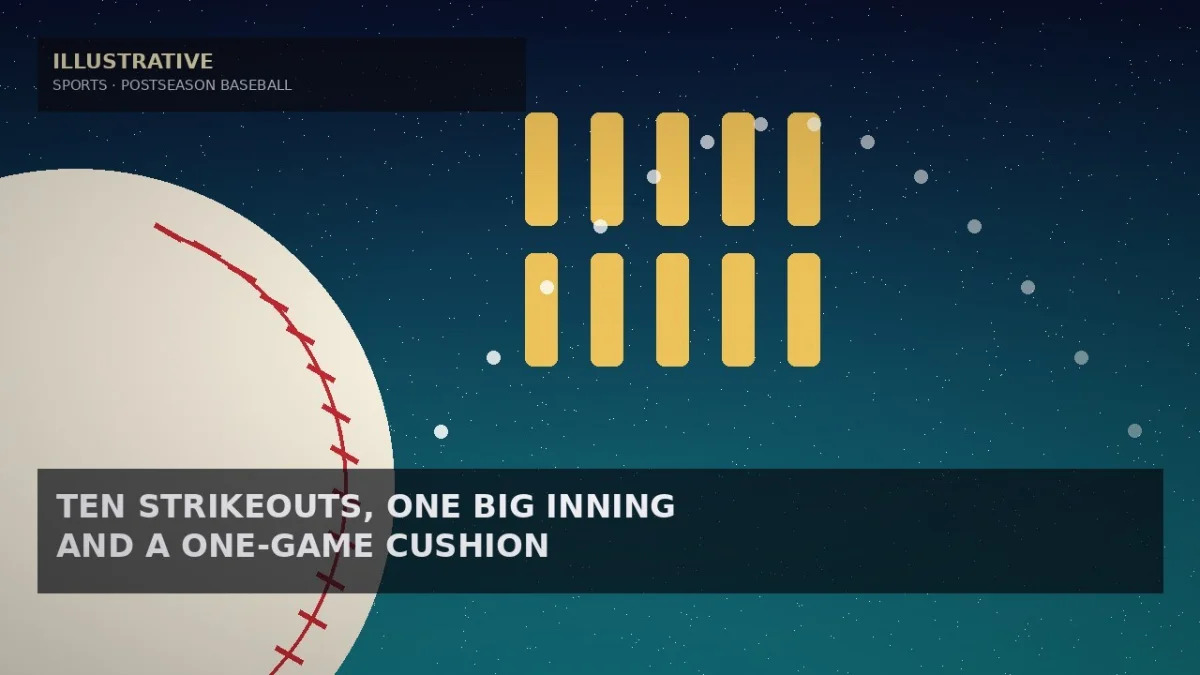 Illustrative midnight-navy-to-teal night sky with a large cream ball segment edged by red stitch marks, ten gold tally bars in two rows and a dotted white arc tracing a long fly ball for a playoff baseball story — not a likeness, logo, poster, or document