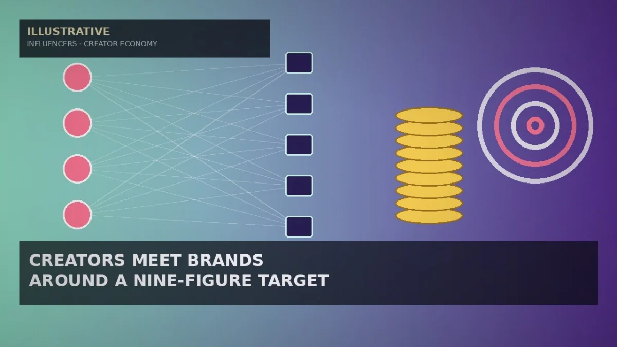 Illustrative mint-to-violet gradient with four pink circles linked by thin white lines to five dark rounded tiles, a stack of nine gold coins and a pink-and-white target ring for a creator-brand dealmaking story — not a likeness, logo, poster, or document