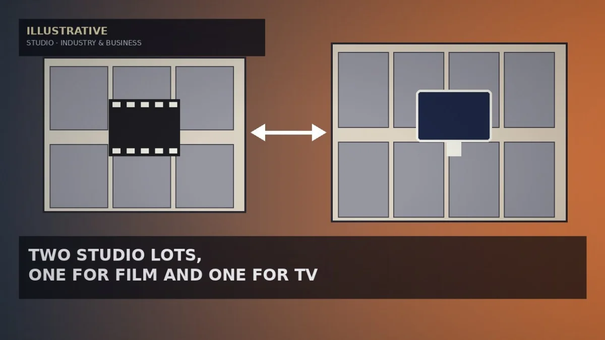 Illustrative slate-to-dusk-orange gradient with two aerial-style cream blocks of grey soundstage rectangles, a small film-frame icon on one and a TV-screen icon on the other, joined by a white two-way arrow for a studio real estate story — not a likeness,