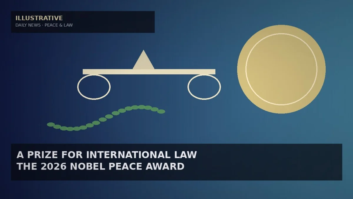 Illustrative indigo-to-sky gradient with a pale-gold disc, an abstract balance beam and green leaf arcs for a peace-prize story — not a likeness, logo, medal design, poster, or documentary photo.
