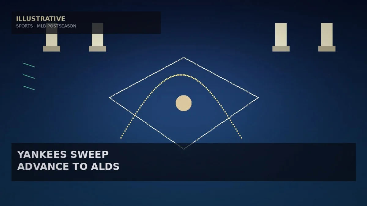 Illustrative night diamond geometry, ball-flight arc, stadium light bars, and bracket chevrons for Yankees Wild Card sweep — not player likenesses, team logos, or game photos.