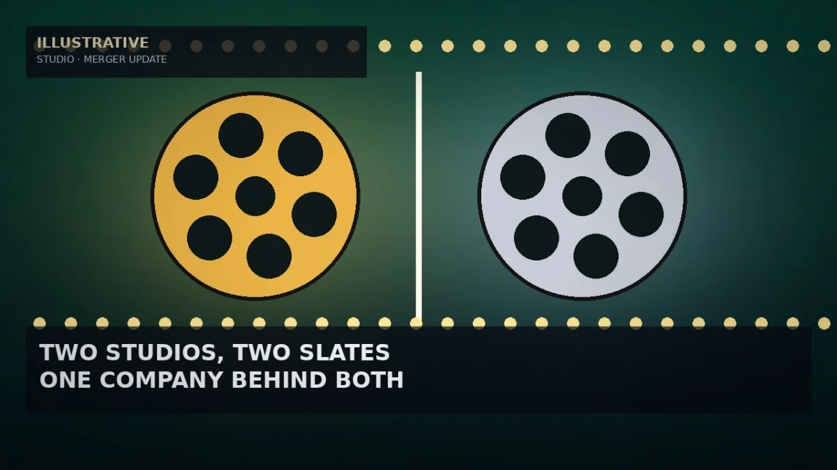 Illustrative emerald backdrop with two large film reels, one gold and one silver, separated by a thin white vertical divider and framed by rows of glowing marquee bulbs for a film studio merger story — not a likeness, logo, poster, or documentary photo.