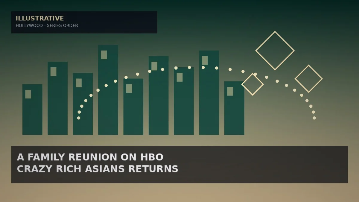 Illustrative emerald-to-champagne gradient with abstract skyline blocks, geometric diamond outlines and a dotted champagne arc for a TV series order story — not a likeness, logo, poster, or documentary photo.