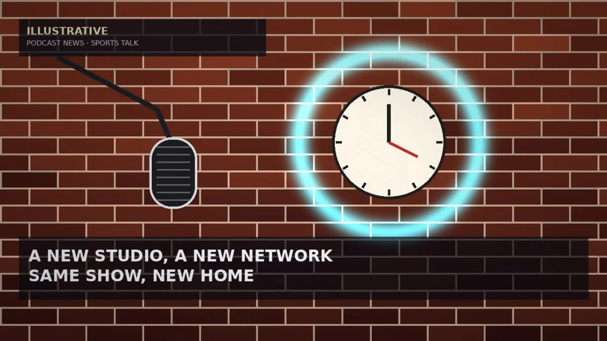 Illustrative warm red-brick studio wall with a glowing cyan neon ring around a cream clock face, and a dark studio microphone on a boom arm for a podcast network move story — not a likeness, logo, show art, or documentary photo.