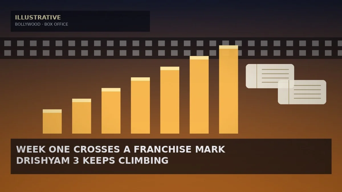 Illustrative midnight-to-saffron gradient with a film-strip band, ascending amber bars and abstract ticket stubs for a box-office story — not a likeness, logo, poster, or documentary photo.