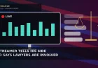 Illustrative teal-to-plum backdrop with diagonal red and blue light bands, a dark livestream monitor showing a red LIVE dot and teal sound bars, faded chat bubbles and a gold balance-scale outline for a streamer legal-dispute story — not a likeness, logo,