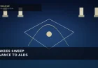 Illustrative night diamond geometry, ball-flight arc, stadium light bars, and bracket chevrons for Yankees Wild Card sweep — not player likenesses, team logos, or game photos.