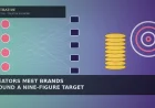 Illustrative mint-to-violet gradient with four pink circles linked by thin white lines to five dark rounded tiles, a stack of nine gold coins and a pink-and-white target ring for a creator-brand dealmaking story — not a likeness, logo, poster, or document