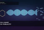 Illustrative audio-waveform bars, rights-shield hexagon, and circuit-node geometry for Tokyo AI voice ruling — not likenesses, logos, or documentary photos.