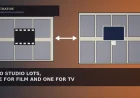 Illustrative slate-to-dusk-orange gradient with two aerial-style cream blocks of grey soundstage rectangles, a small film-frame icon on one and a TV-screen icon on the other, joined by a white two-way arrow for a studio real estate story — not a likeness,