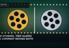 Illustrative emerald backdrop with two large film reels, one gold and one silver, separated by a thin white vertical divider and framed by rows of glowing marquee bulbs for a film studio merger story — not a likeness, logo, poster, or documentary photo.