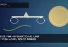Illustrative indigo-to-sky gradient with a pale-gold disc, an abstract balance beam and green leaf arcs for a peace-prize story — not a likeness, logo, medal design, poster, or documentary photo.