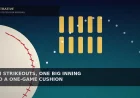Illustrative midnight-navy-to-teal night sky with a large cream ball segment edged by red stitch marks, ten gold tally bars in two rows and a dotted white arc tracing a long fly ball for a playoff baseball story — not a likeness, logo, poster, or document