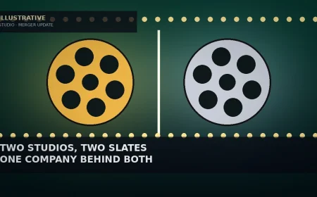 Illustrative emerald backdrop with two large film reels, one gold and one silver, separated by a thin white vertical divider and framed by rows of glowing marquee bulbs for a film studio merger story — not a likeness, logo, poster, or documentary photo.