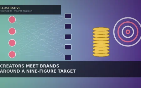 Illustrative mint-to-violet gradient with four pink circles linked by thin white lines to five dark rounded tiles, a stack of nine gold coins and a pink-and-white target ring for a creator-brand dealmaking story — not a likeness, logo, poster, or document