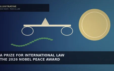 Illustrative indigo-to-sky gradient with a pale-gold disc, an abstract balance beam and green leaf arcs for a peace-prize story — not a likeness, logo, medal design, poster, or documentary photo.