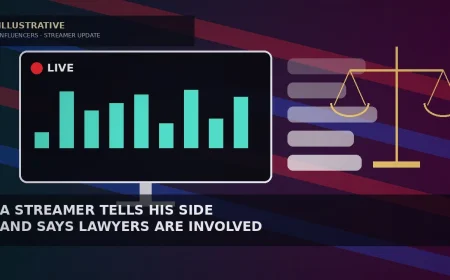 Illustrative teal-to-plum backdrop with diagonal red and blue light bands, a dark livestream monitor showing a red LIVE dot and teal sound bars, faded chat bubbles and a gold balance-scale outline for a streamer legal-dispute story — not a likeness, logo,