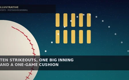 Illustrative midnight-navy-to-teal night sky with a large cream ball segment edged by red stitch marks, ten gold tally bars in two rows and a dotted white arc tracing a long fly ball for a playoff baseball story — not a likeness, logo, poster, or document