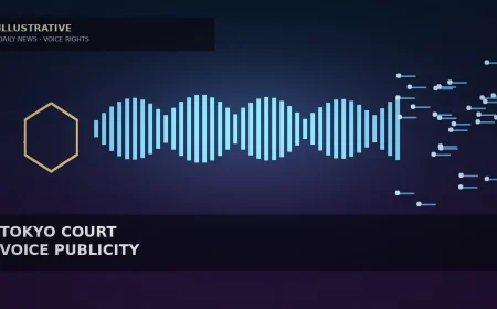Illustrative audio-waveform bars, rights-shield hexagon, and circuit-node geometry for Tokyo AI voice ruling — not likenesses, logos, or documentary photos.