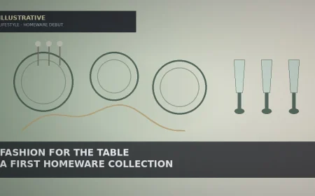 Illustrative sage-to-cream gradient with abstract plate rings, glass silhouettes, cutlery lines and a shell curve for a homeware debut story — not a likeness, logo, product photo, or documentary photo.
