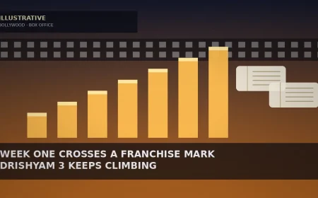 Illustrative midnight-to-saffron gradient with a film-strip band, ascending amber bars and abstract ticket stubs for a box-office story — not a likeness, logo, poster, or documentary photo.