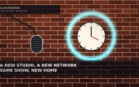 Illustrative warm red-brick studio wall with a glowing cyan neon ring around a cream clock face, and a dark studio microphone on a boom arm for a podcast network move story — not a likeness, logo, show art, or documentary photo.
