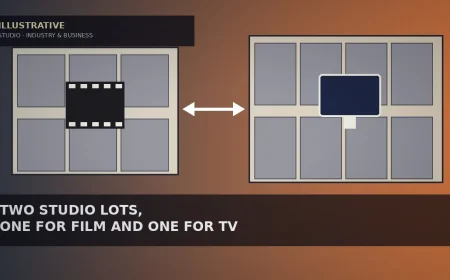 Illustrative slate-to-dusk-orange gradient with two aerial-style cream blocks of grey soundstage rectangles, a small film-frame icon on one and a TV-screen icon on the other, joined by a white two-way arrow for a studio real estate story — not a likeness,