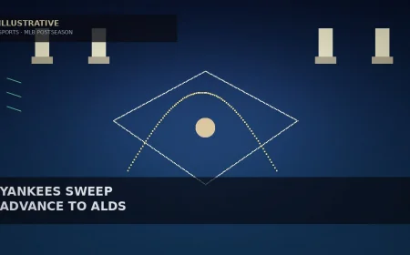 Illustrative night diamond geometry, ball-flight arc, stadium light bars, and bracket chevrons for Yankees Wild Card sweep — not player likenesses, team logos, or game photos.