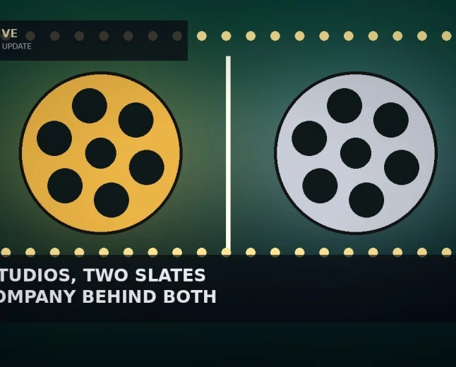 Illustrative emerald backdrop with two large film reels, one gold and one silver, separated by a thin white vertical divider and framed by rows of glowing marquee bulbs for a film studio merger story — not a likeness, logo, poster, or documentary photo.