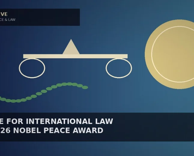 Illustrative indigo-to-sky gradient with a pale-gold disc, an abstract balance beam and green leaf arcs for a peace-prize story — not a likeness, logo, medal design, poster, or documentary photo.