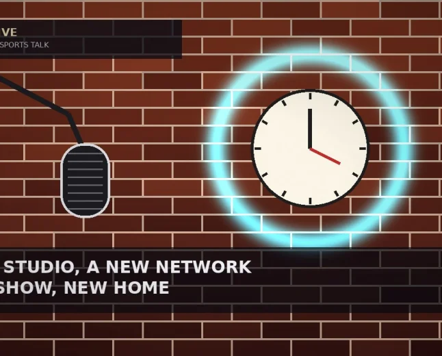 Illustrative warm red-brick studio wall with a glowing cyan neon ring around a cream clock face, and a dark studio microphone on a boom arm for a podcast network move story — not a likeness, logo, show art, or documentary photo.