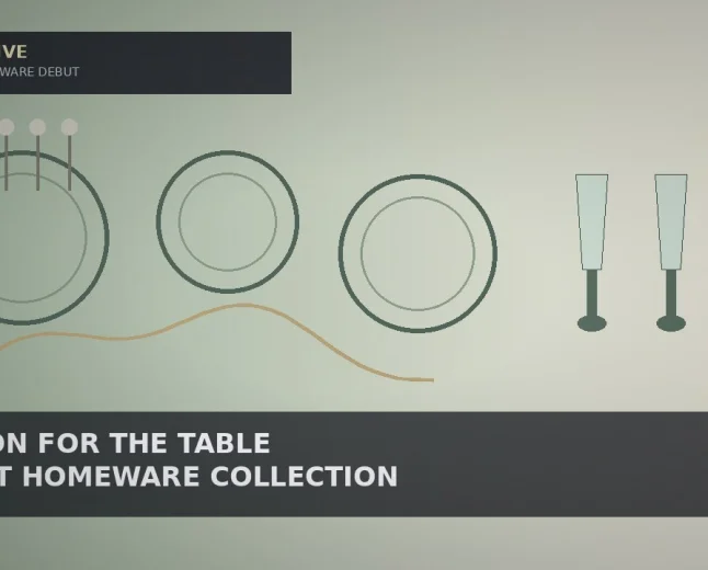Illustrative sage-to-cream gradient with abstract plate rings, glass silhouettes, cutlery lines and a shell curve for a homeware debut story — not a likeness, logo, product photo, or documentary photo.
