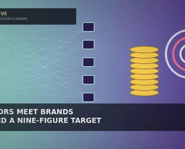 Illustrative mint-to-violet gradient with four pink circles linked by thin white lines to five dark rounded tiles, a stack of nine gold coins and a pink-and-white target ring for a creator-brand dealmaking story — not a likeness, logo, poster, or document