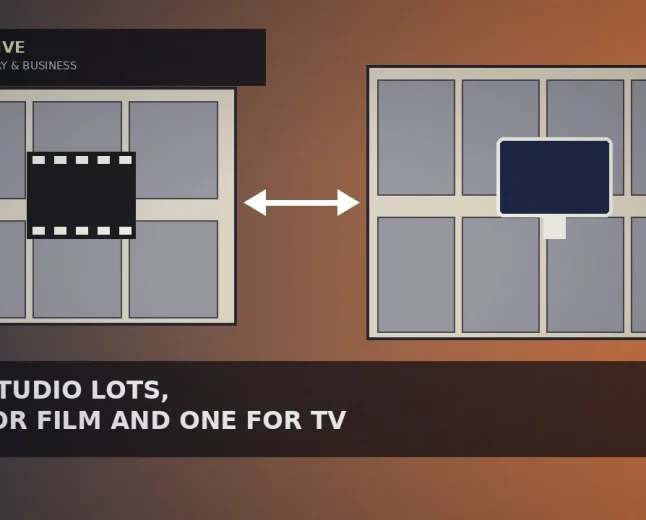 Illustrative slate-to-dusk-orange gradient with two aerial-style cream blocks of grey soundstage rectangles, a small film-frame icon on one and a TV-screen icon on the other, joined by a white two-way arrow for a studio real estate story — not a likeness,