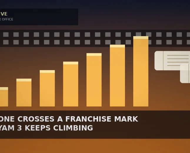 Illustrative midnight-to-saffron gradient with a film-strip band, ascending amber bars and abstract ticket stubs for a box-office story — not a likeness, logo, poster, or documentary photo.