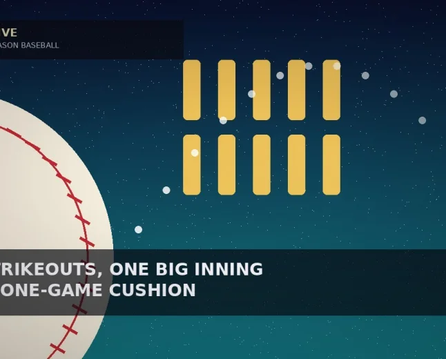 Illustrative midnight-navy-to-teal night sky with a large cream ball segment edged by red stitch marks, ten gold tally bars in two rows and a dotted white arc tracing a long fly ball for a playoff baseball story — not a likeness, logo, poster, or document
