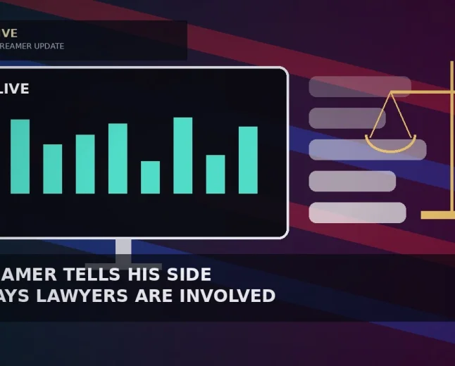 Illustrative teal-to-plum backdrop with diagonal red and blue light bands, a dark livestream monitor showing a red LIVE dot and teal sound bars, faded chat bubbles and a gold balance-scale outline for a streamer legal-dispute story — not a likeness, logo,
