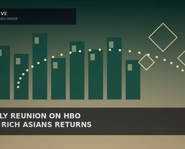 Illustrative emerald-to-champagne gradient with abstract skyline blocks, geometric diamond outlines and a dotted champagne arc for a TV series order story — not a likeness, logo, poster, or documentary photo.