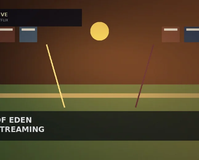 Illustrative valley horizon, twin-path geometry, and streaming-tile blocks for East of Eden Netflix premiere — not cast likenesses, posters, or service logos.